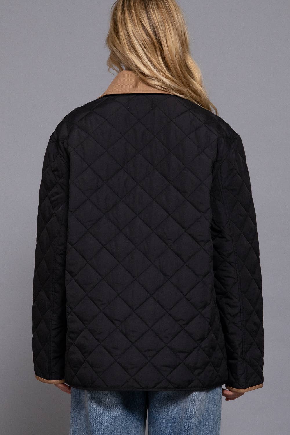 Long Sleeve Contrast Lapel Collar Quilted Puffer Work Jacket: