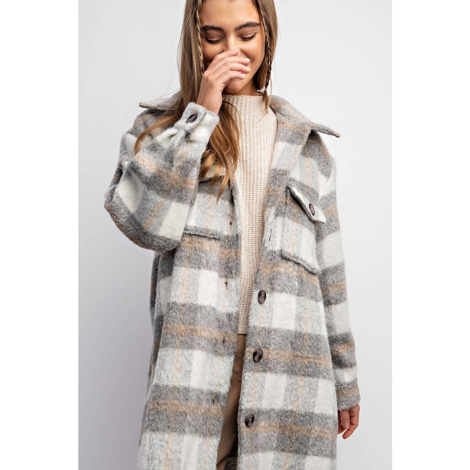 OVERSIZED PINK CHECKERED FLUFFY PLAID JACKET: Grey Mix