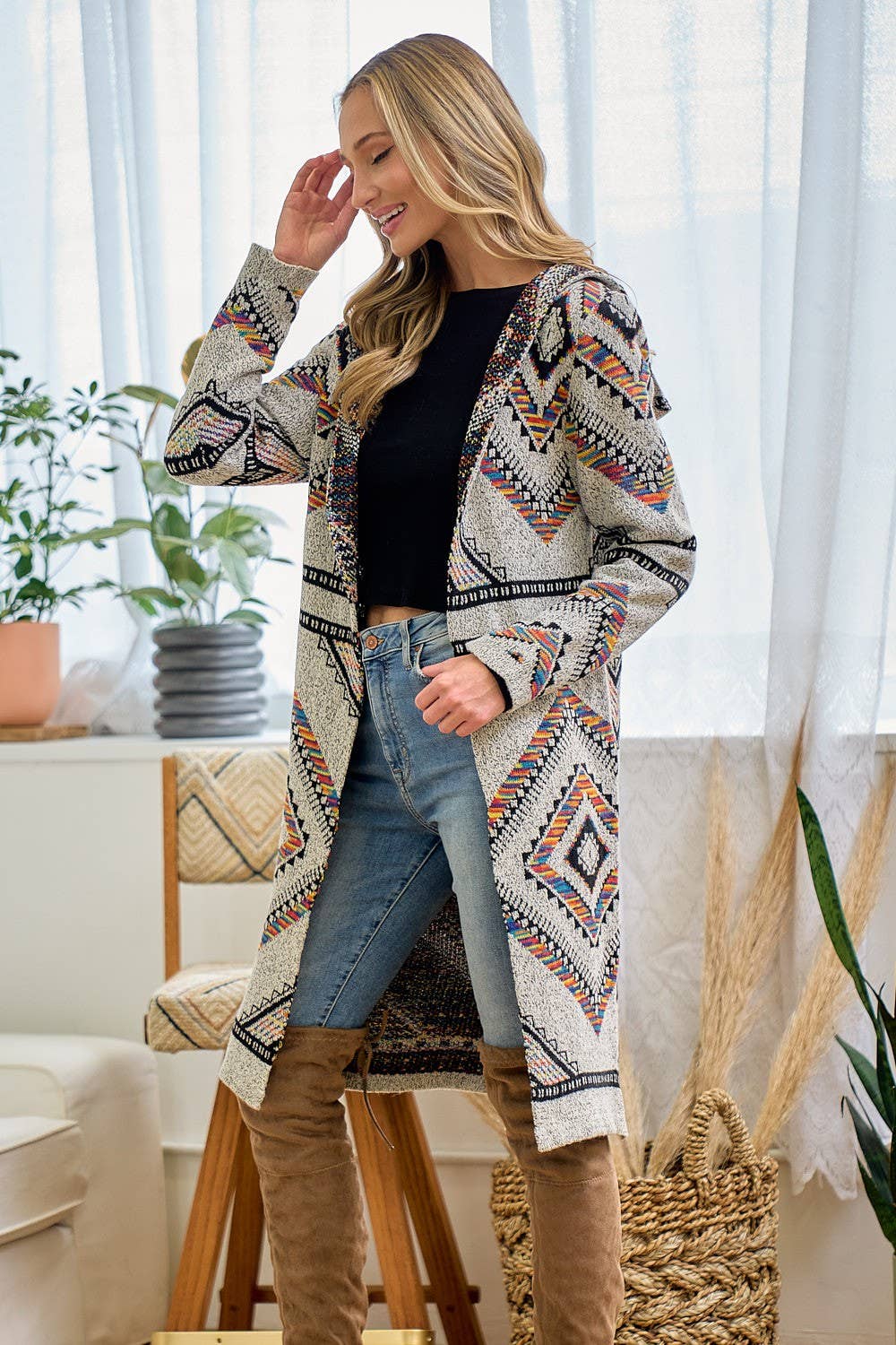 Rainbow Multi Diamond Long Sleeve Long Cardigan WITH HOOD