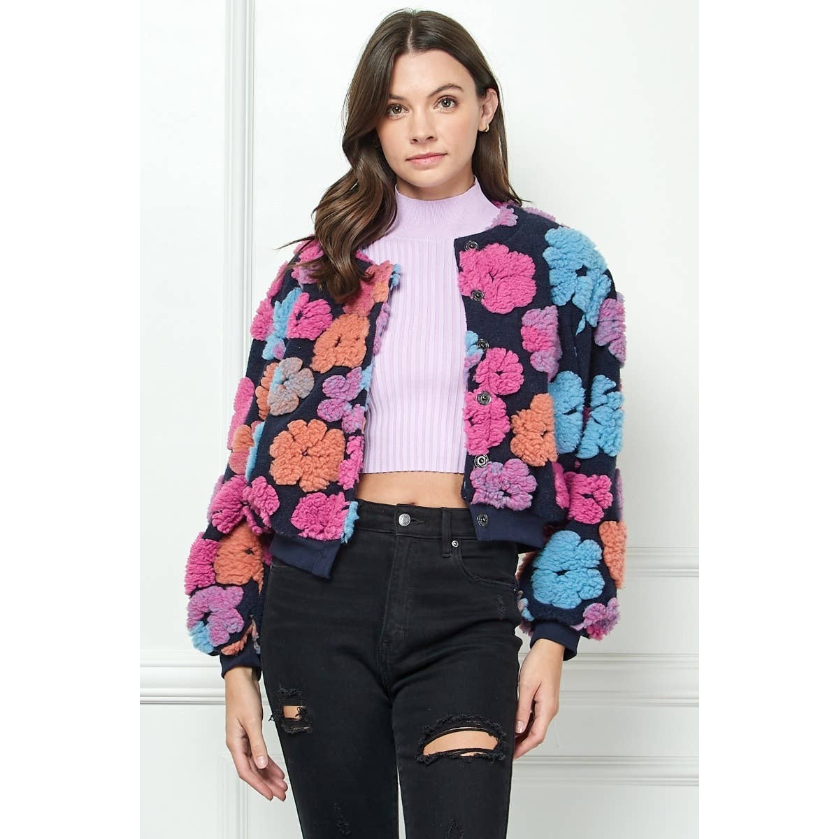 Felted Flower Puff Sleeve Button Jacket: Pink