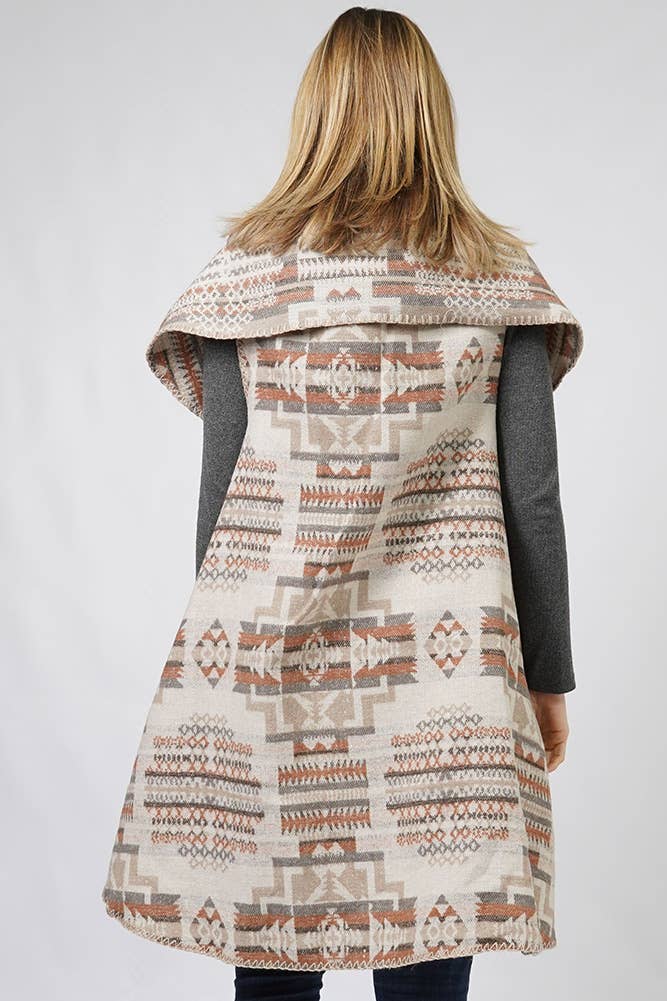 Aztec Reversible Round Shawl Vest: Beige