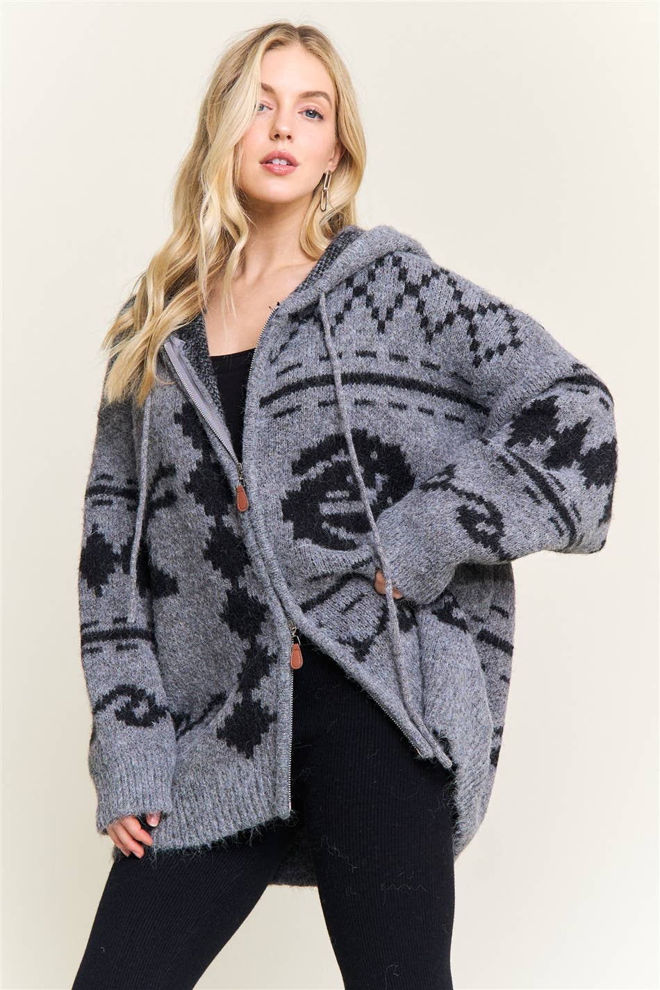 CESW4139-ZIP-UP AZTEC HOODED KNIT CARDIGAN:ONESIZE