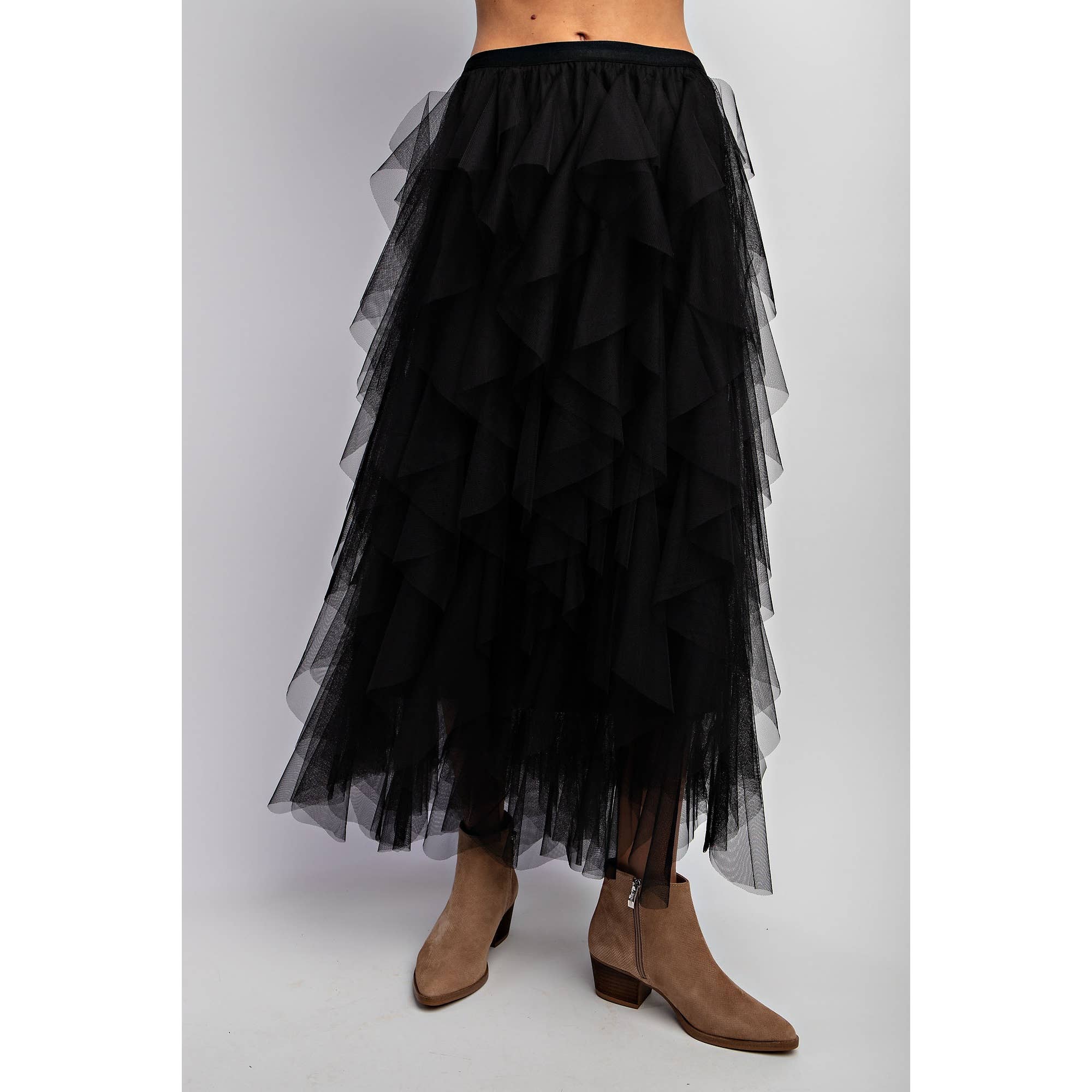 CASCADING TULLE MESH LAYERED MAX SKIRT: Black