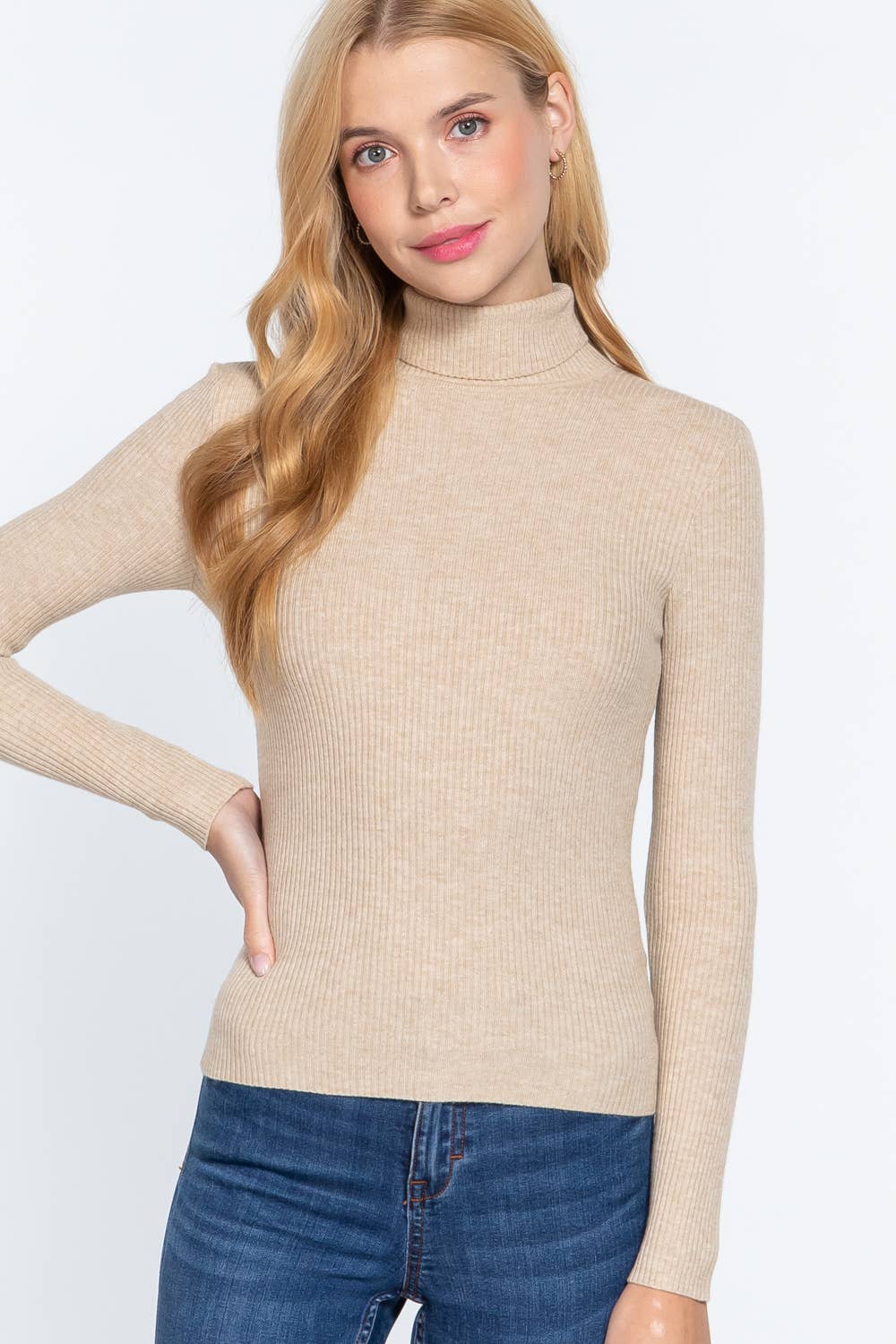 Long Sleeve Turtle Neck Fitted Viscose Rib Sweater Top: