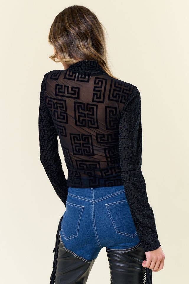BLOCK MESH MOCK NECK TOP