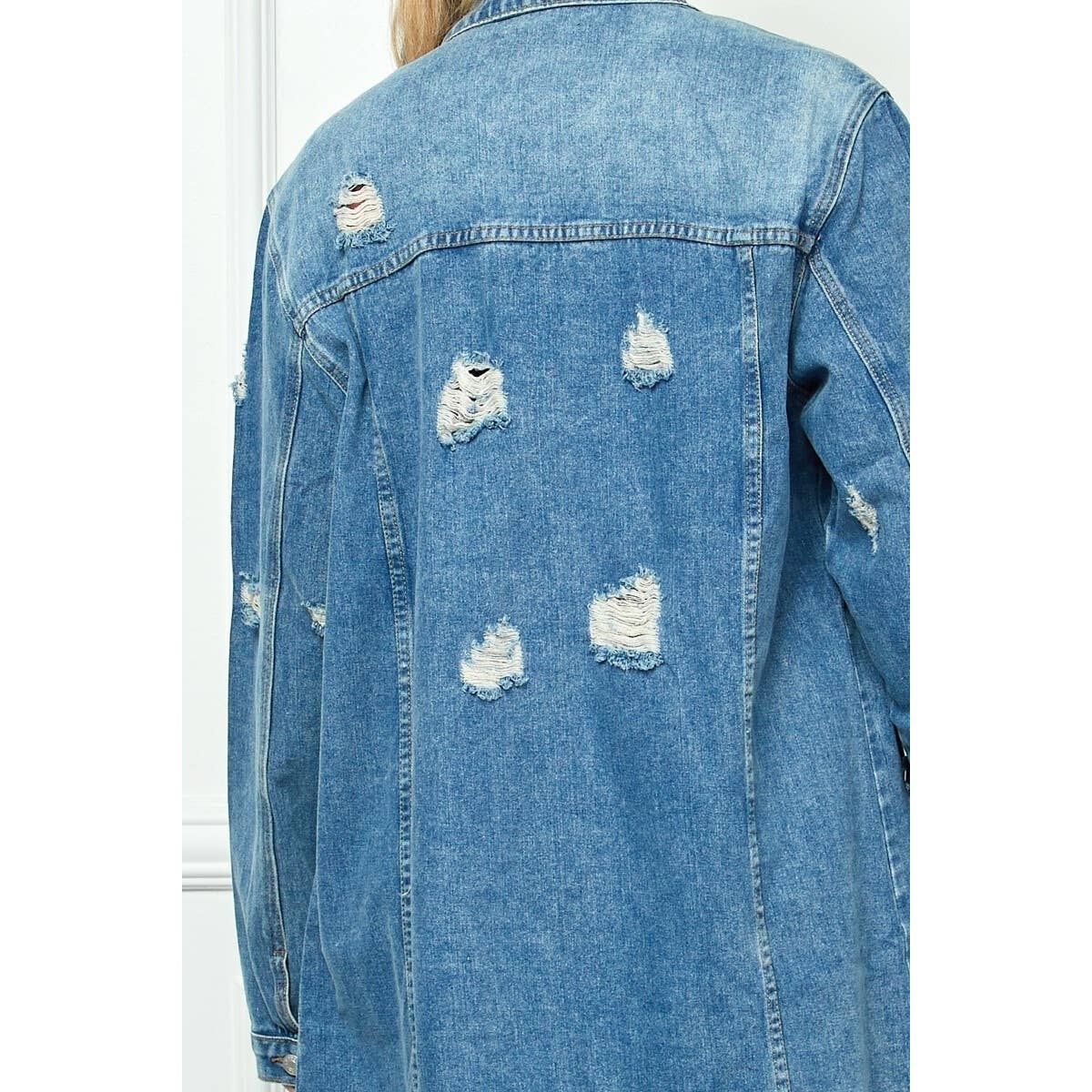 Plus Size Distressed Long Denim Jacket: Medium Wash