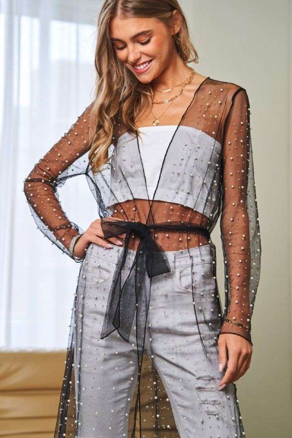 MESH PEARL RHINESTONE OPEN FRONT TIE UP CARDIGAN