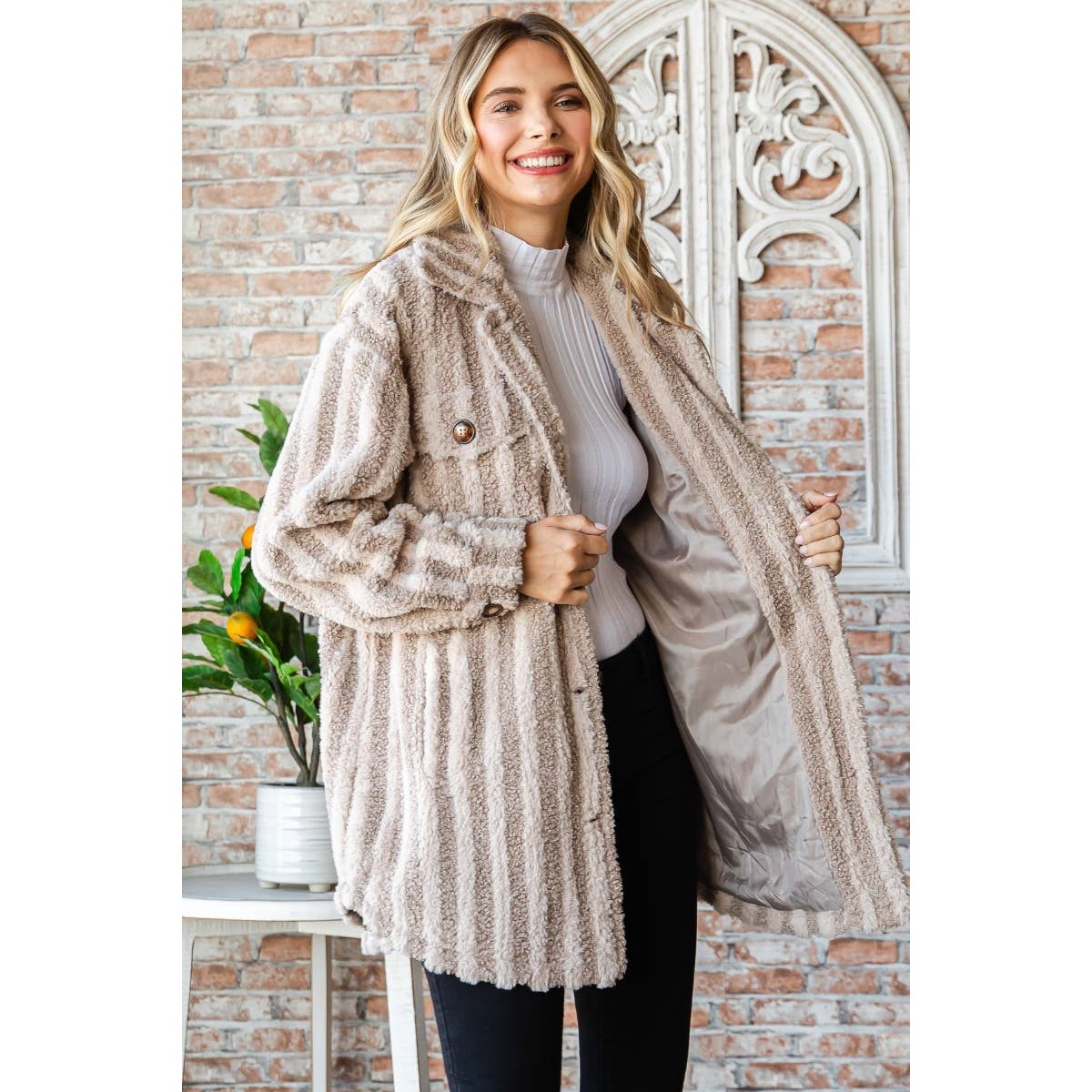 Stripe Sherpa Faux Fur Jacket: Taupe / L