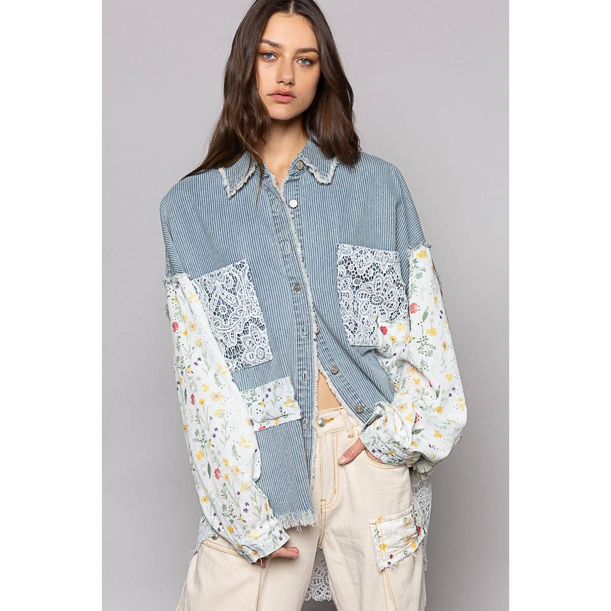 Floral print long sleeve crochet patches shacket: STRIPE DENIM