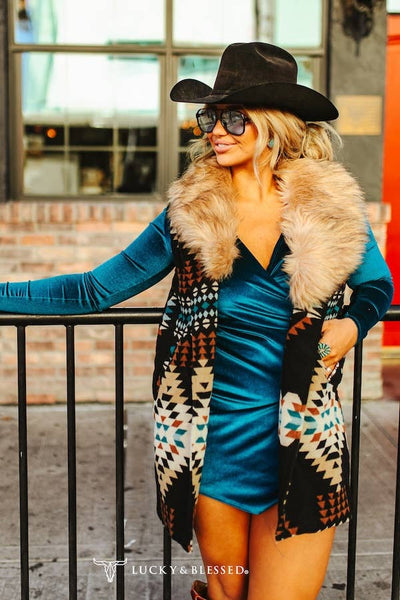 Black Aztec W Fur Collar Vest