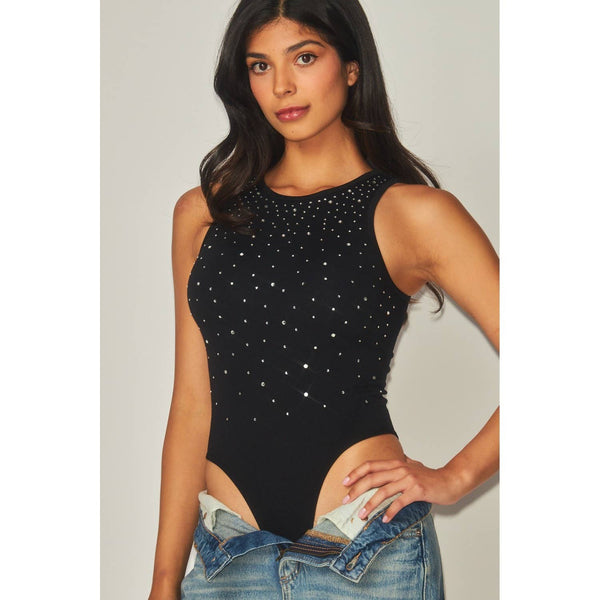 Rhinestone Embellished Crew Neck Seamless Bodysuit