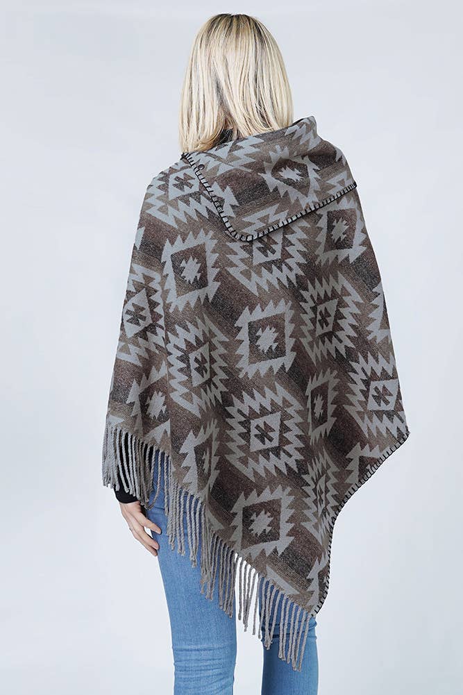 Western Pattern Tassel Poncho: Black