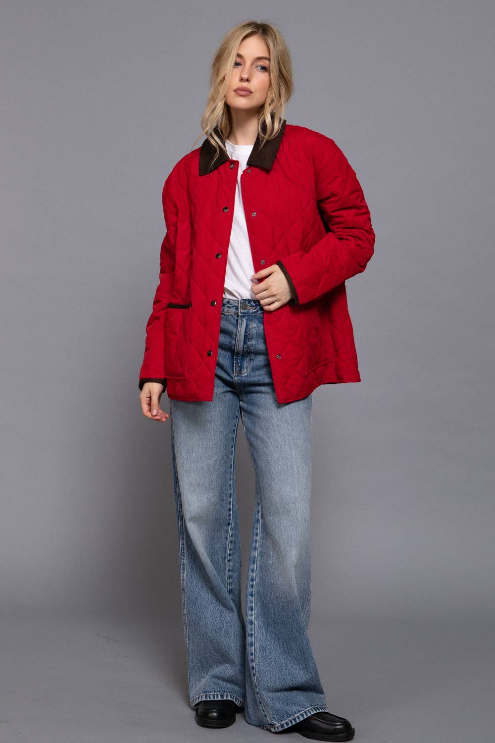 Long Sleeve Contrast Lapel Collar Quilted Puffer Work Jacket:
