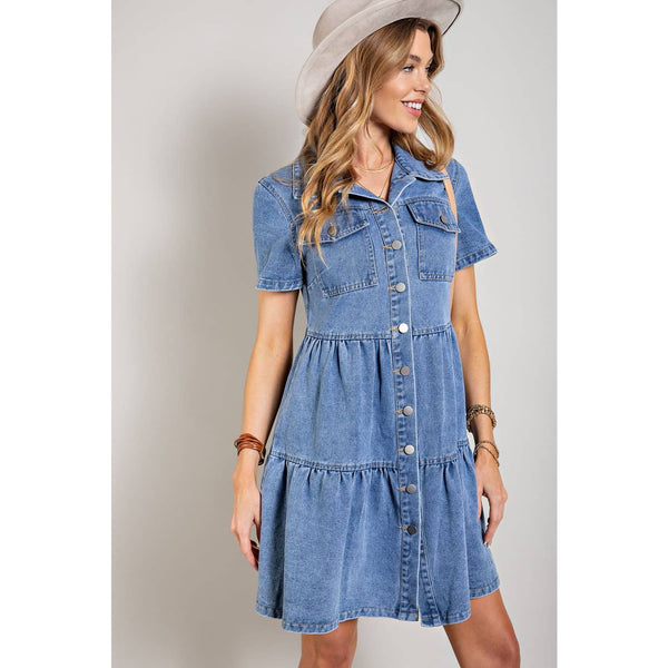 DENIM BUTTON DOWN RUFFLE HEM DRESS: Medium Denim