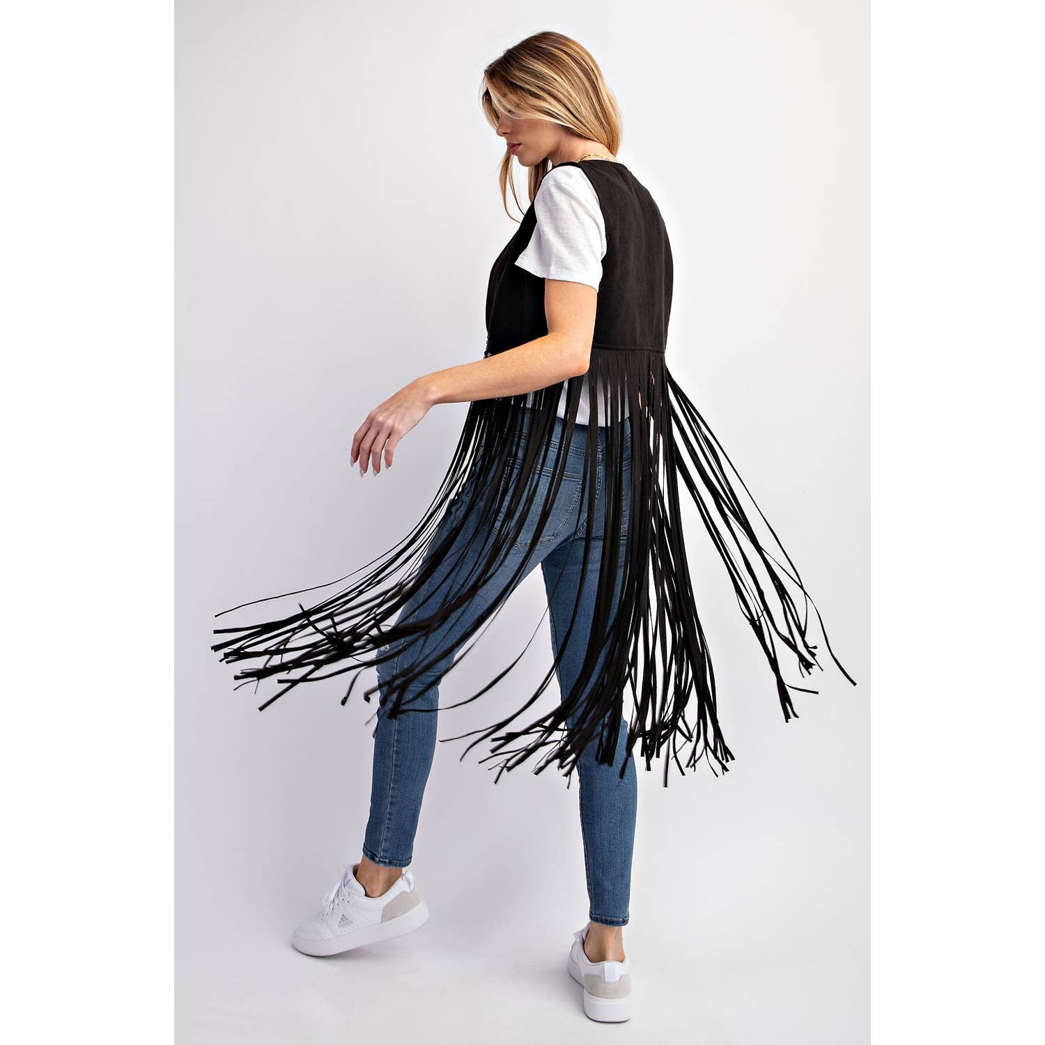 SUEDE STUDDED DETAIL FRINGE HEM VEST: Black