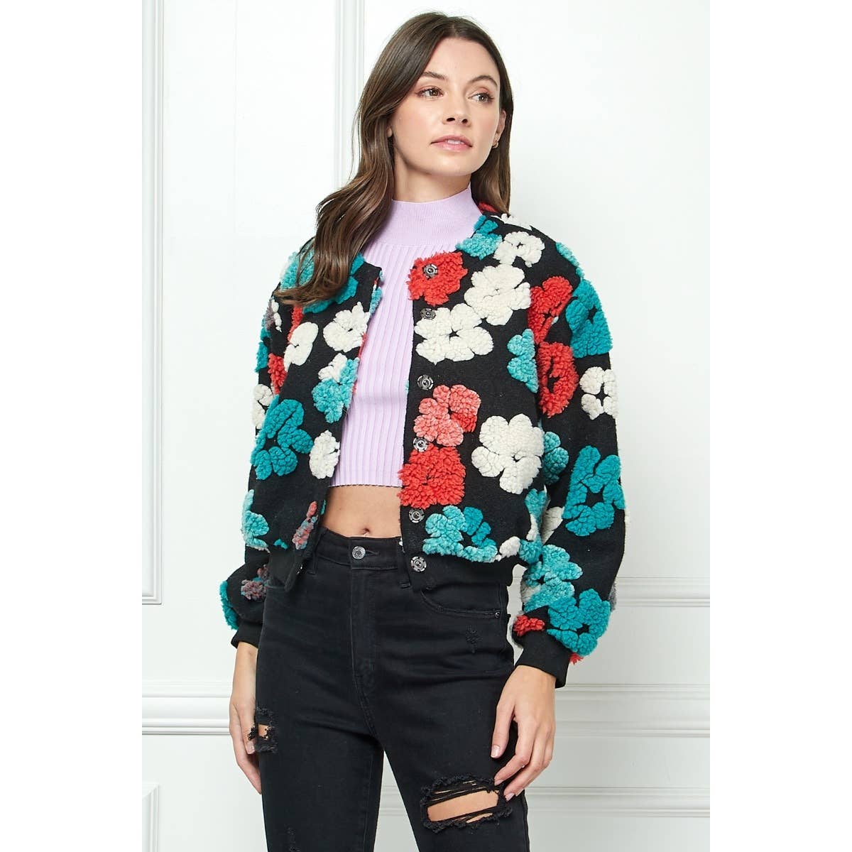 Felted Flower Puff Sleeve Button Jacket: Red Combo