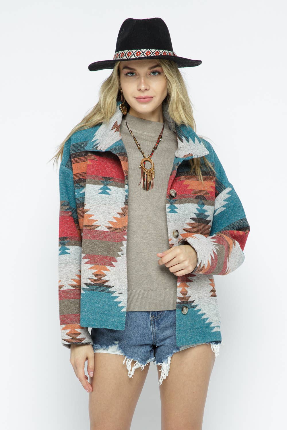 30012J - SOFT COMFY LIGHT WEIGHT AZTEC PATTERN JACKET:/ TEAL RED MIX