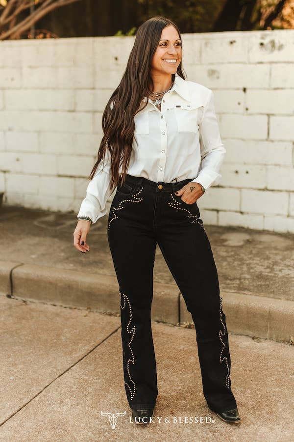 Black Boot Stitch Studded High Rise Bootcut Jeans