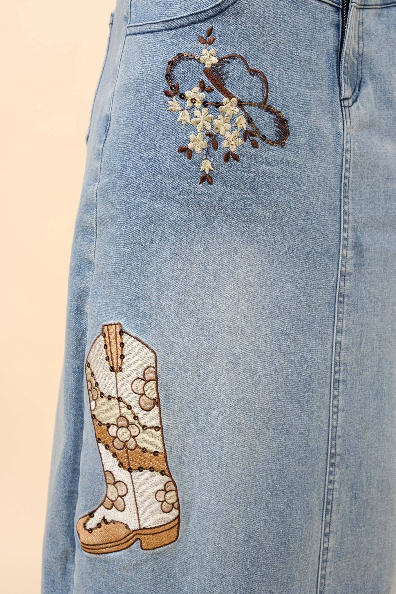 23038S - Western Embroidered Embellished Midi Denim Skirt