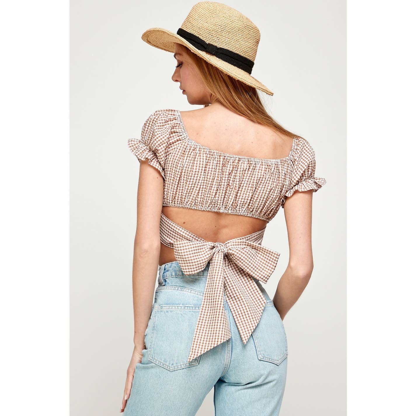 OFF SHOULDER PLEATED CROP TOP WITH BACK RIBBON TIE
