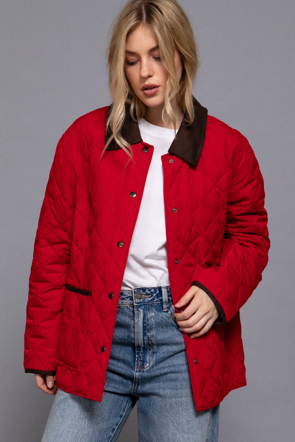 Long Sleeve Contrast Lapel Collar Quilted Puffer Work Jacket: