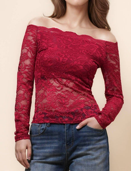 Ladies Floral Lace Off Shoulder See Sheer Layring Top