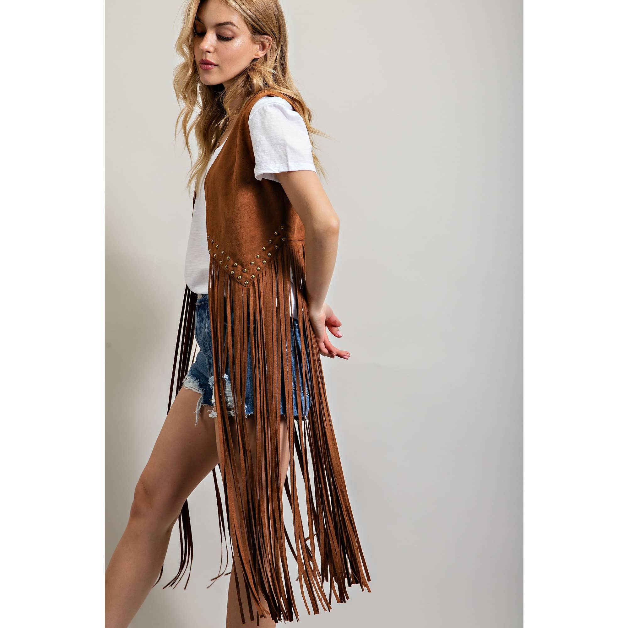 SUEDE STUDDED DETAIL FRINGE HEM VEST