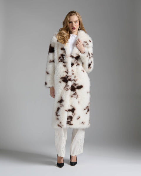 B2387NVL - Faux Fur Long Jacket: COW PRINT
