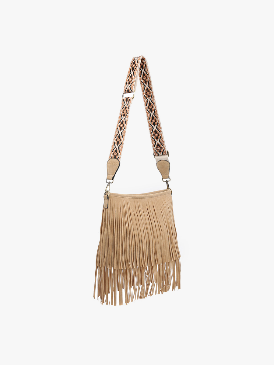 M2045 Sadie Suede Fringe Crossbody w/ Guitar Strap: Brown