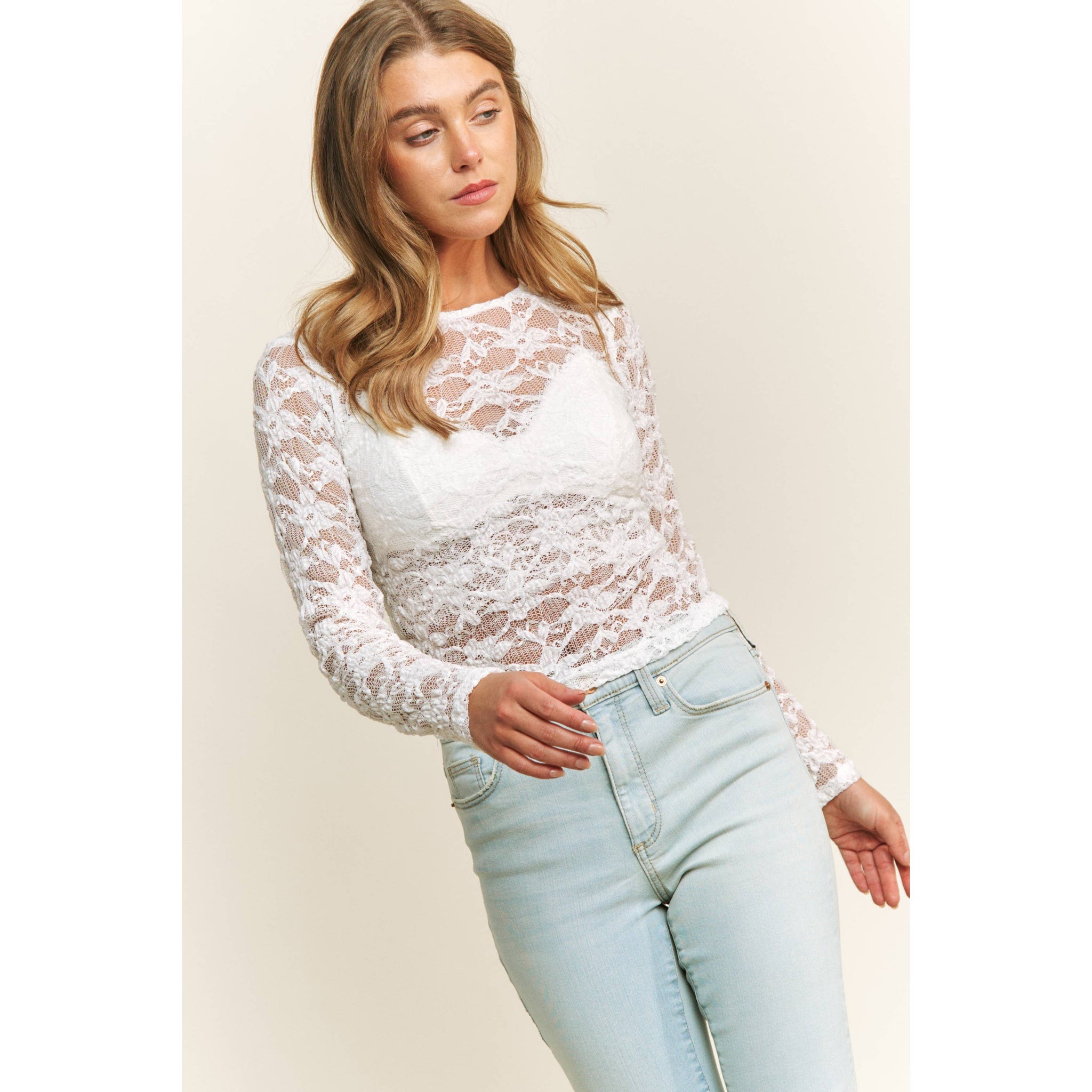 CHIC FLORAL LACE ROUND NECK DESIGN LONG SLEEVE FITTED TOP: White Multi