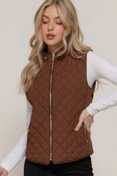 Suede Piping Detail Rib Quilted Padding Vest: 1