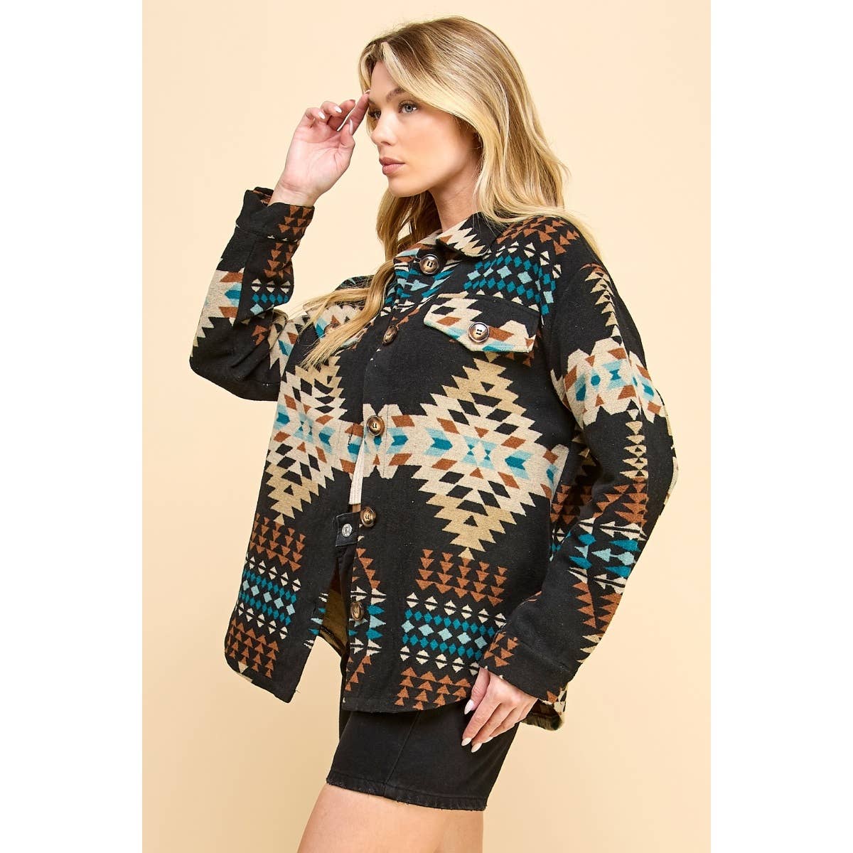 VJ71485 - Aztec Print Shacket : Black Combo