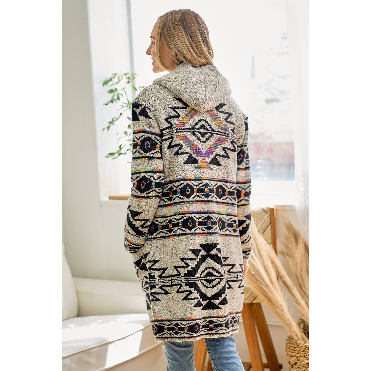Rainbow Aztec Long Sleeve Hooded Sweater Cardigan: OATMEAL MULTI