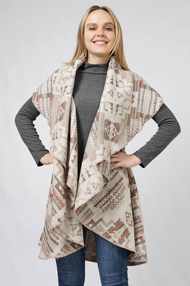 Aztec Reversible Round Shawl Vest: Beige