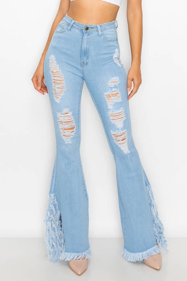 JAZZ-045 HIGH WAISTED DISTRESSED BELL BOTTOMS WOMEN JEANS: LIGHT BLUE