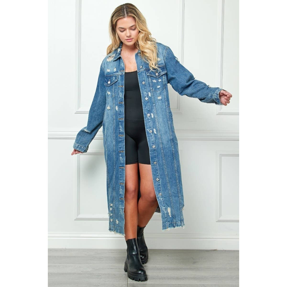 Plus Size Distressed Long Denim Jacket: Medium Wash