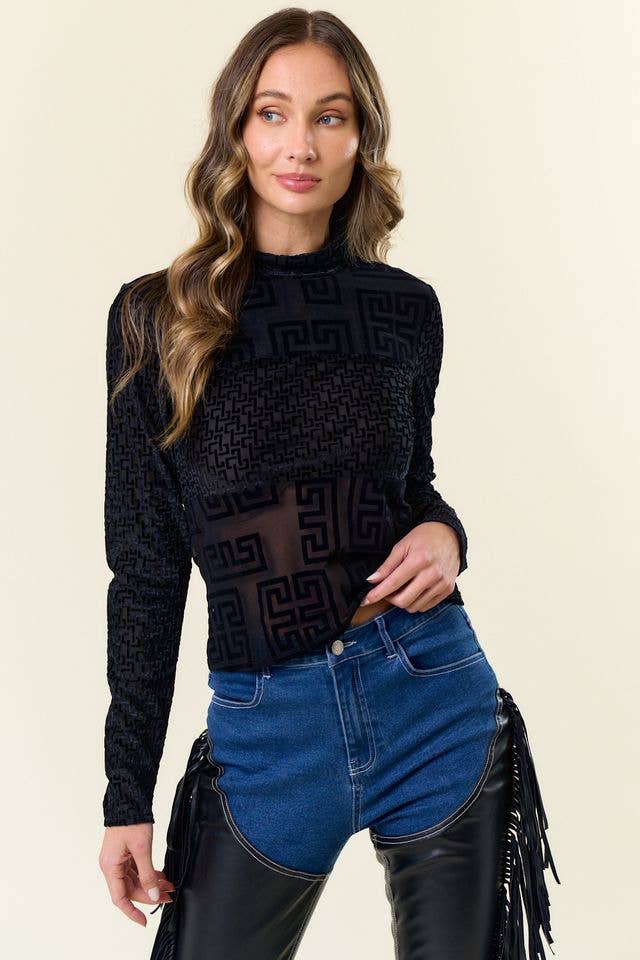 BLOCK MESH MOCK NECK TOP