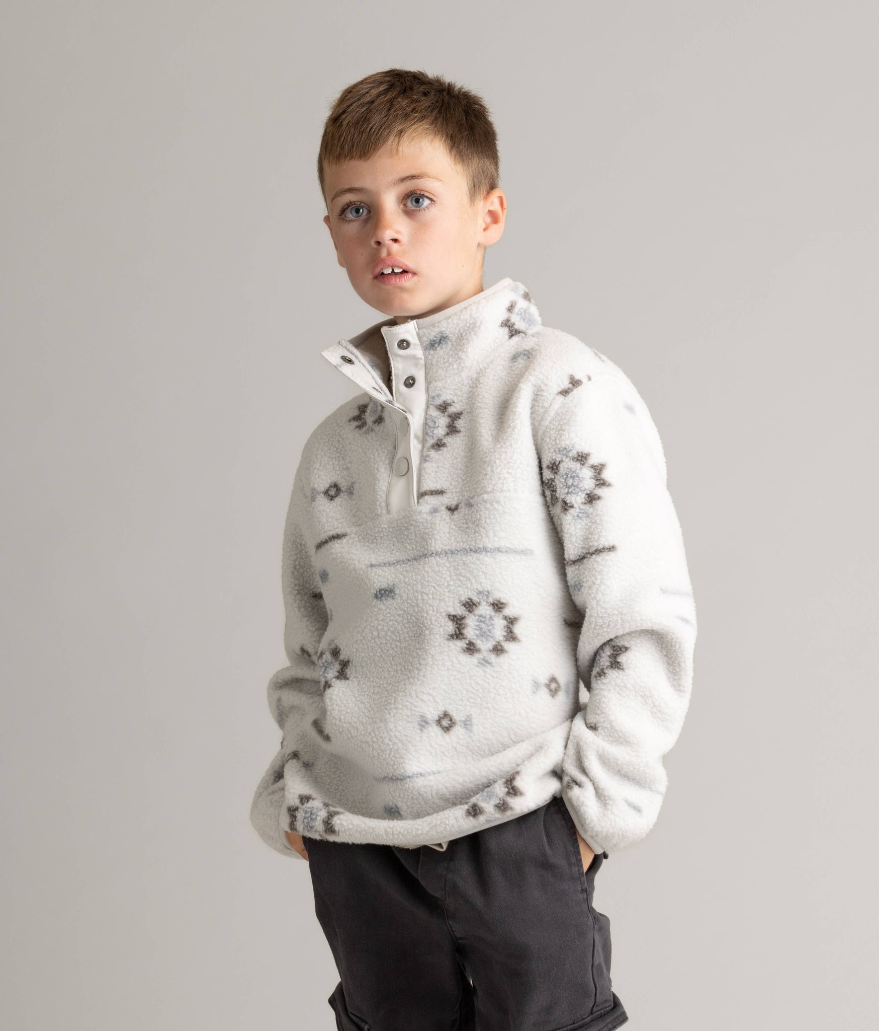 Boys Subzero Heavy Fleece Snap Tee: White Onyx Quali Aztec