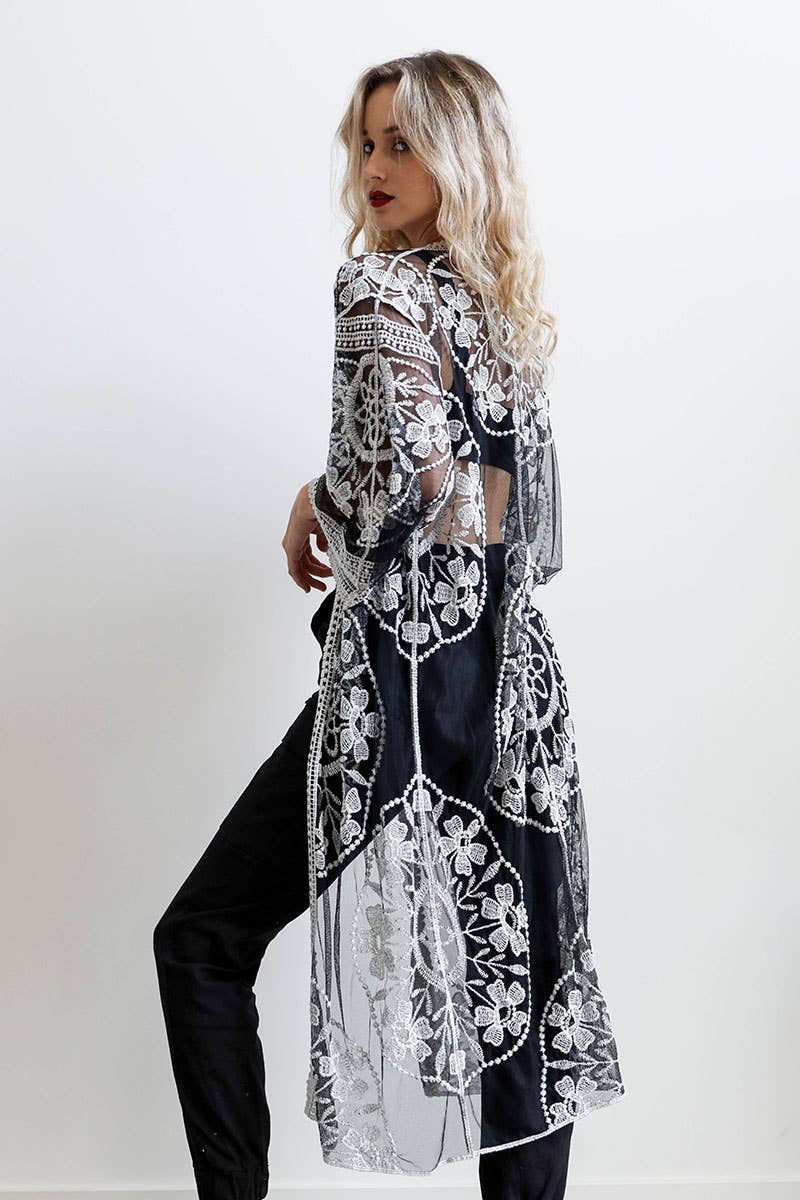 Contrast Mesh Cotton Lace Kimono: Black