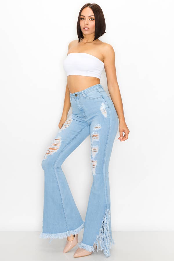 JAZZ-045 HIGH WAISTED DISTRESSED BELL BOTTOMS WOMEN JEANS: LIGHT BLUE
