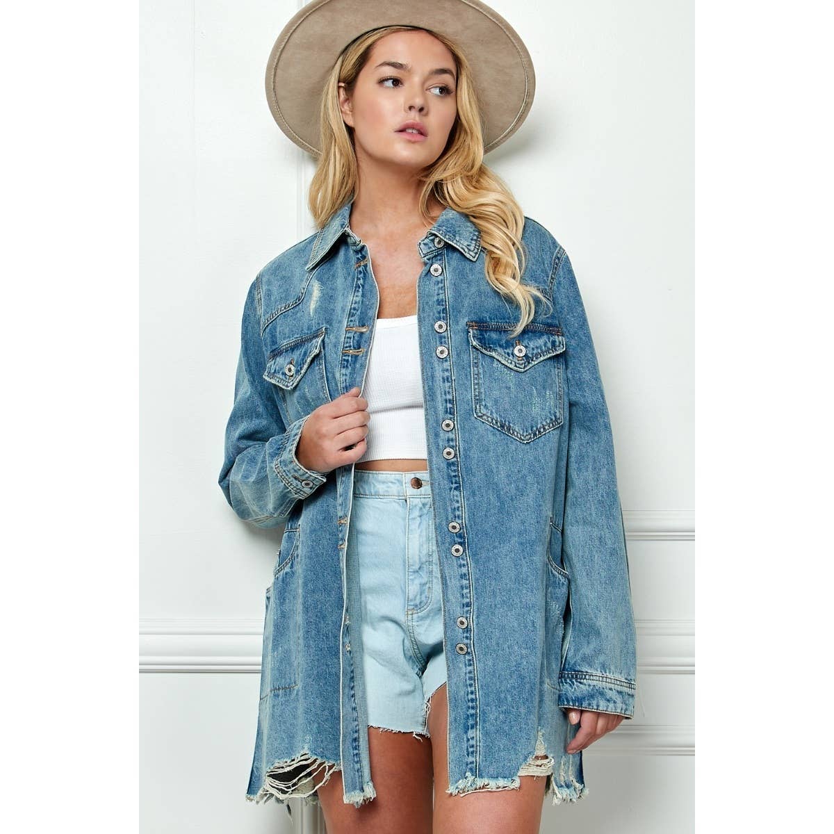 Plus Size Medium Washed Denim Shirts Jacket: Med Wash