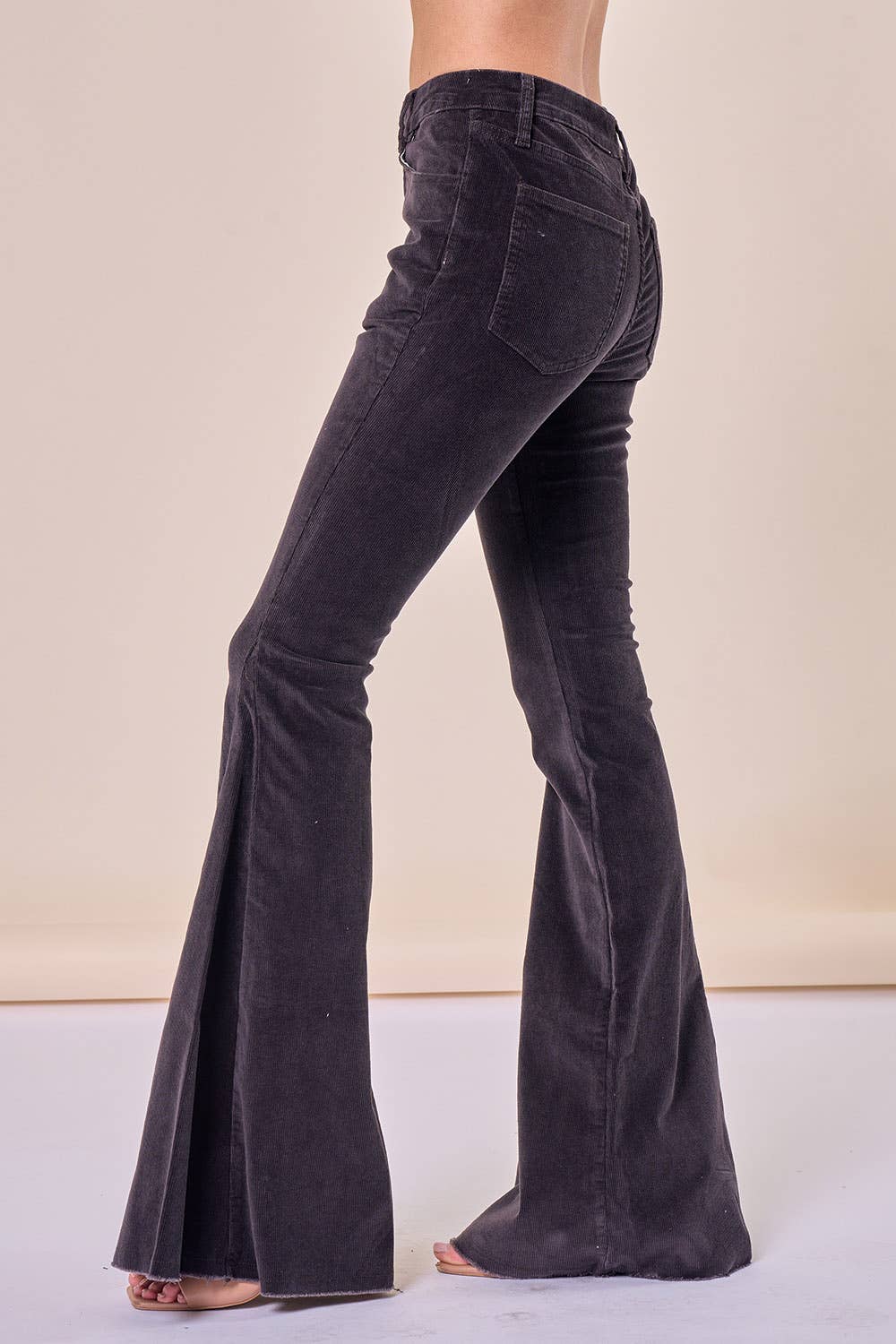 SIP6144A CHARCOAL CORDUROY FLARES WITH DISTRESSED HEM