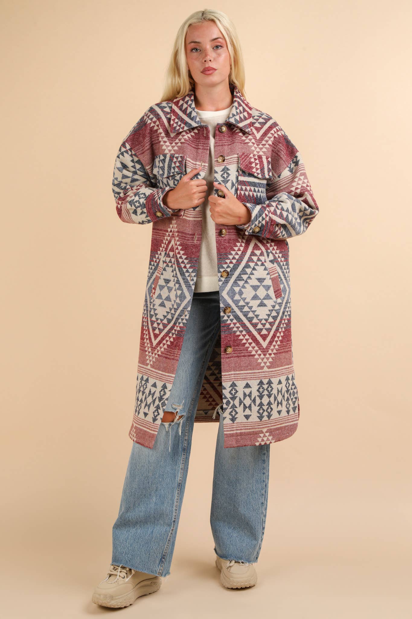 Aztec & Plaid Printed Shacket Jacket Coat: PLUM MIX