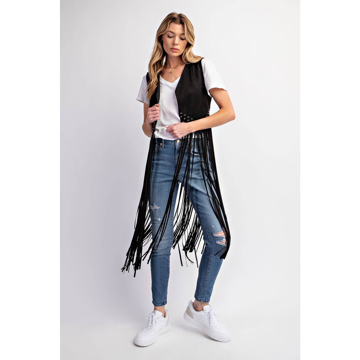 SUEDE STUDDED DETAIL FRINGE HEM VEST: Black