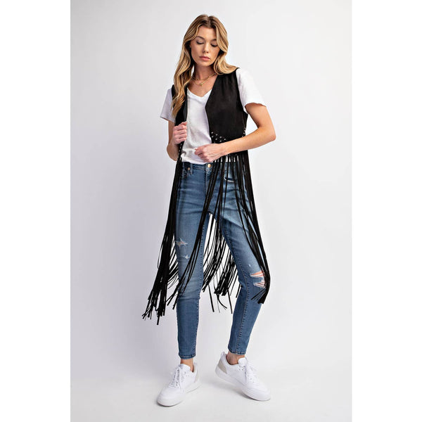 SUEDE STUDDED DETAIL FRINGE HEM VEST: Black