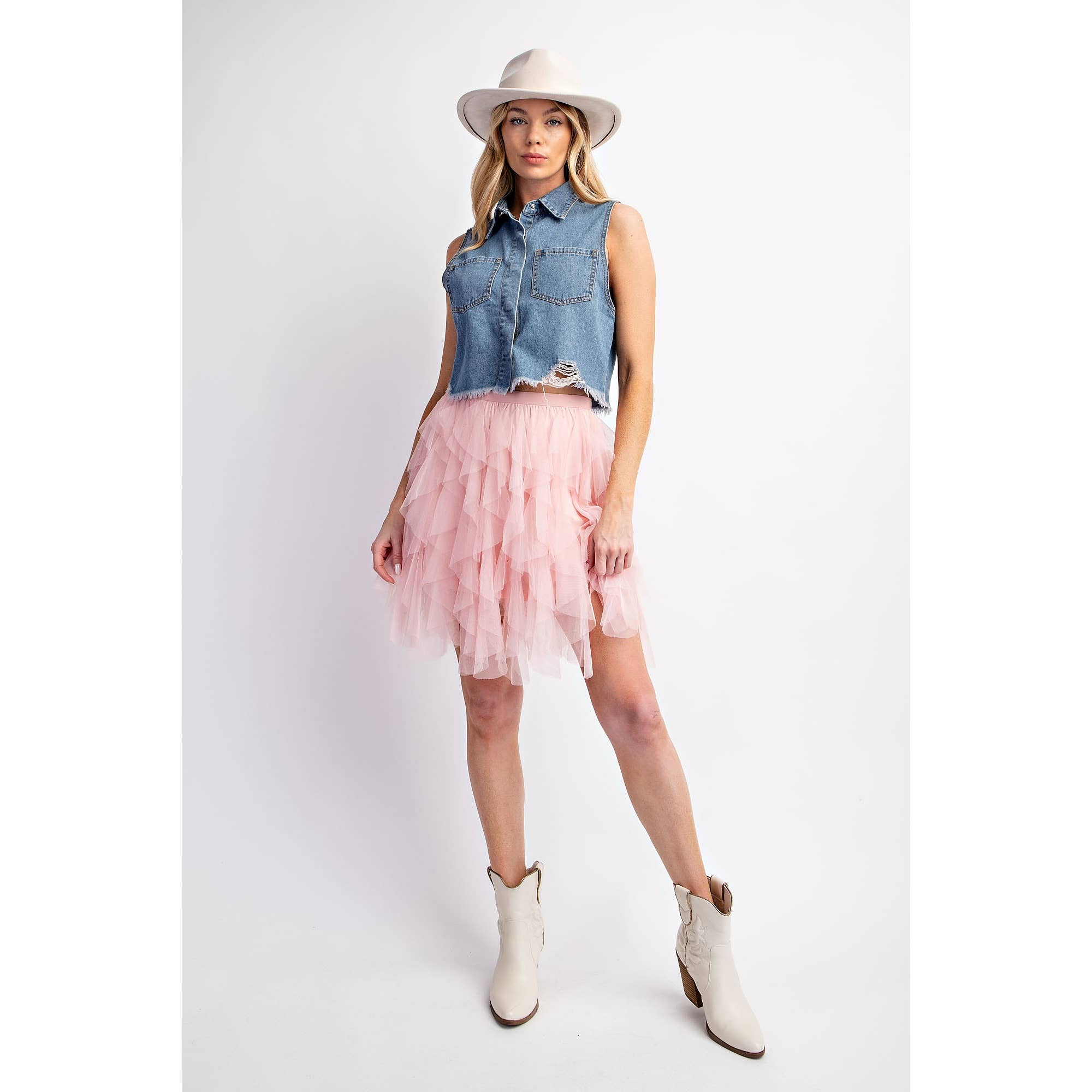CASCADING TULLE MESH LAYERED MINI SKIRT: