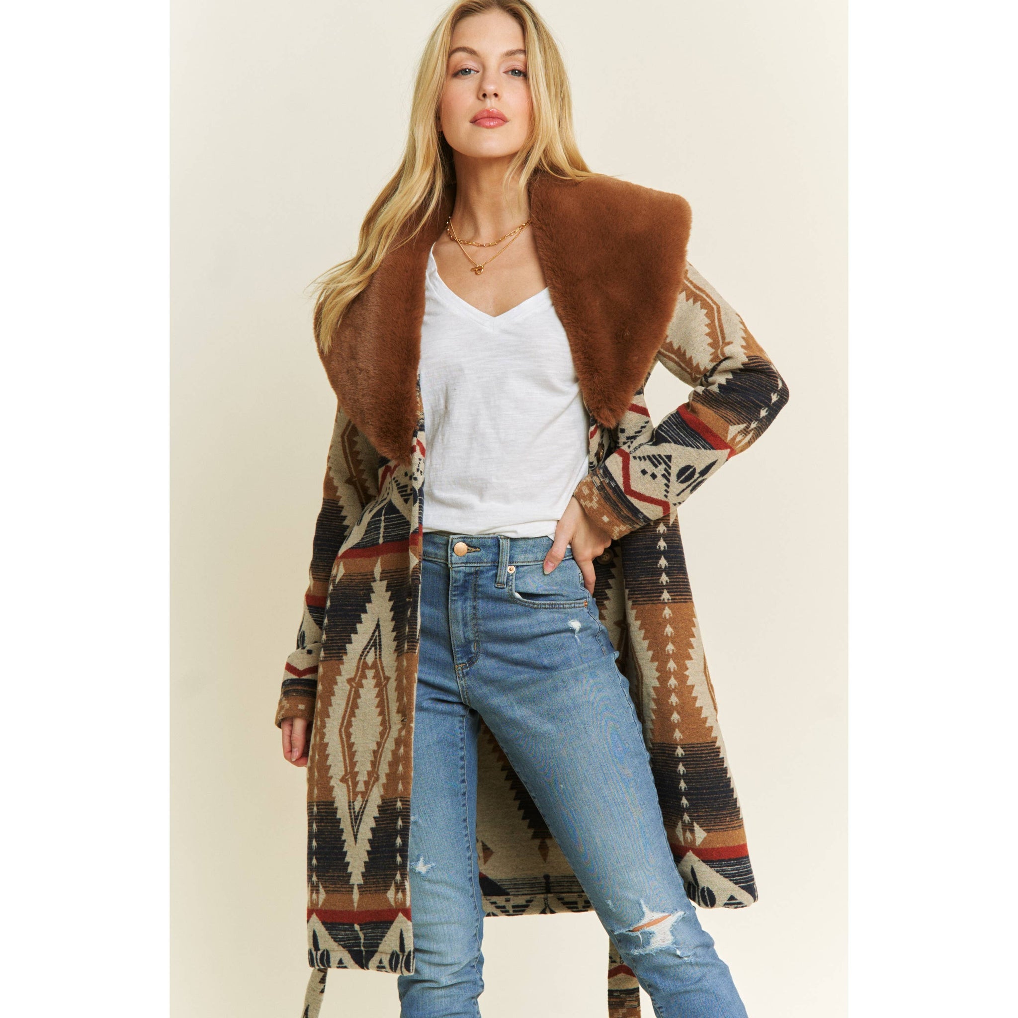 AZTEC JACKET SHACKET WITH CONTRAST FUR SHOWL COLLAR: Navy