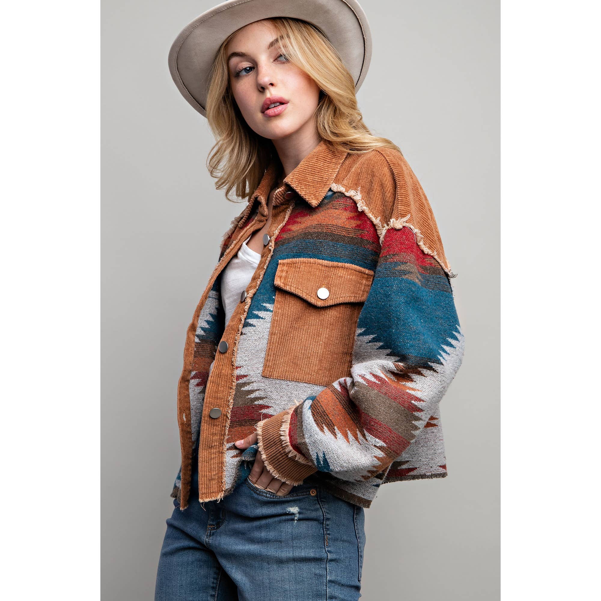 TRIBAL AZTEC PATTERN COLORBLOCK BUTTON DOWN SHIRT JACKET: