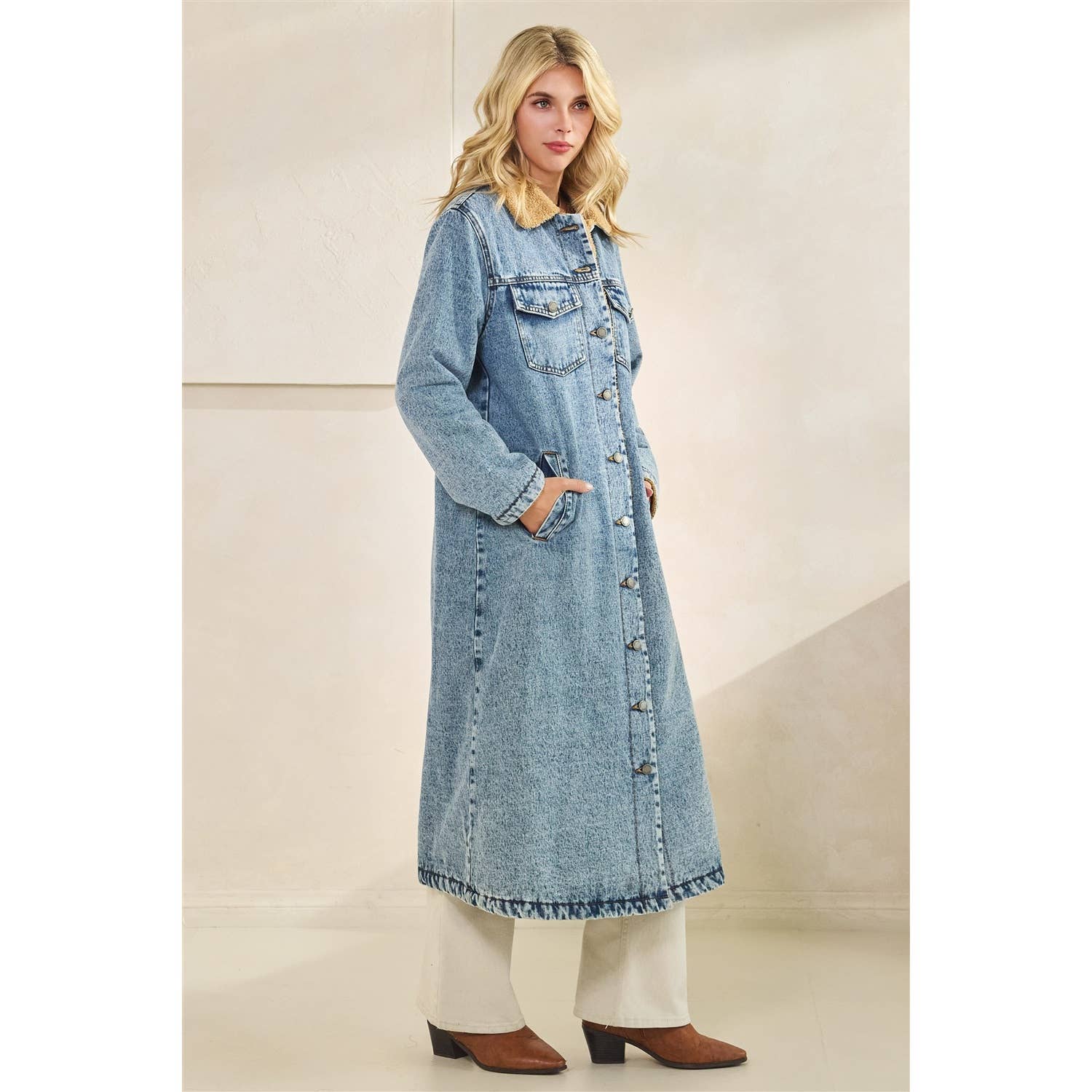 Teddy Lined Long Denim Jacket: Med Wash