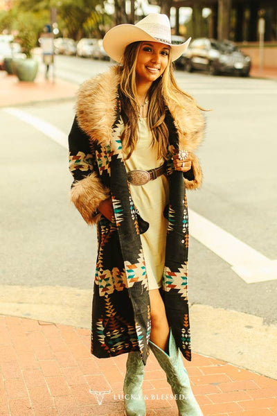 Black Aztec W Fur Collar And Sleeves Hem Long Coat